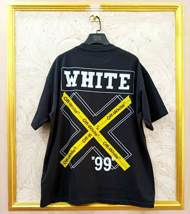 Black t-shirt with "Off-White™" design on a hanger against a decorative wall.