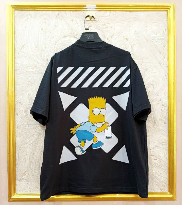 Black t-shirt with "Off-White™" design on a hanger against a decorative wall.