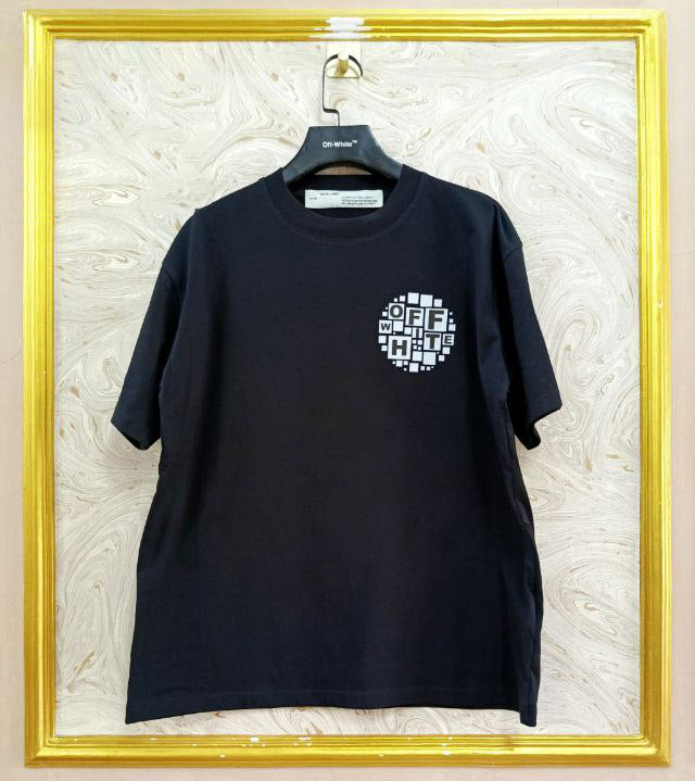 Black t-shirt with "Off-White™" logo on a hanger against a marble wall.