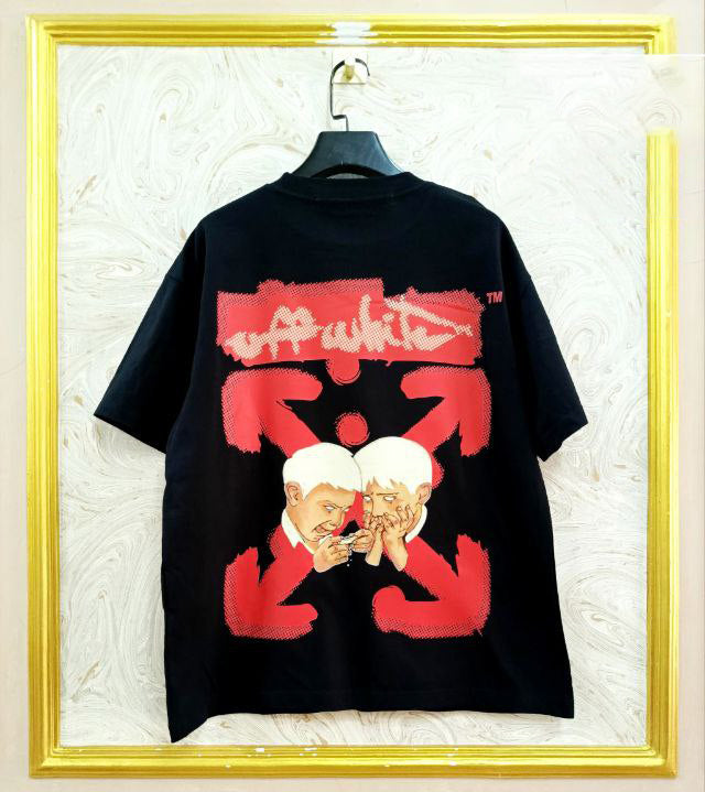 Black t-shirt with "Off-White™" design on a hanger against a decorative wall.