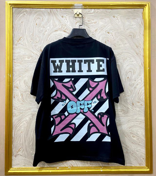 Black t-shirt with "Off-White™" design on a hanger against a decorative wall.