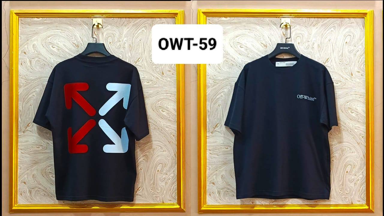 Black t-shirt with "Off-White™" design on a hanger against a decorative wall.