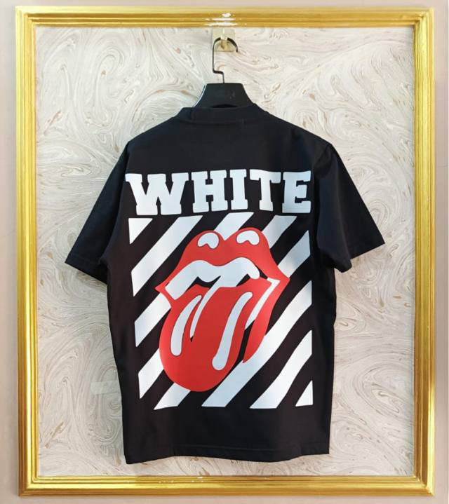 Black shirt with Rolling Stones logo and 'White' text on a textured wall background