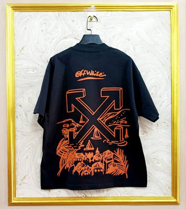 Black t-shirt with "Off-White™" design on a hanger against a decorative wall.