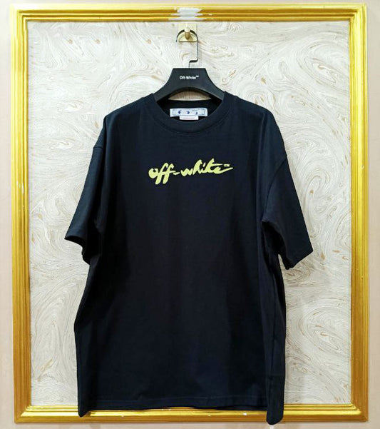 Black t-shirt with "Off-White™" logo on a hanger against a marble wall.