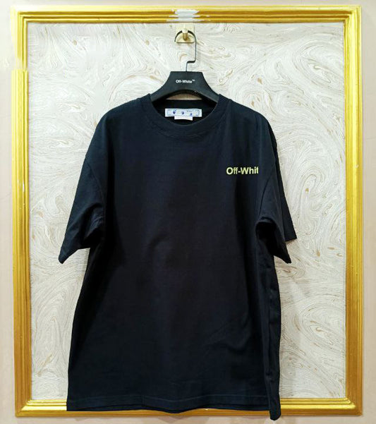 Black t-shirt with "Off-White™" logo on a hanger against a marble wall.