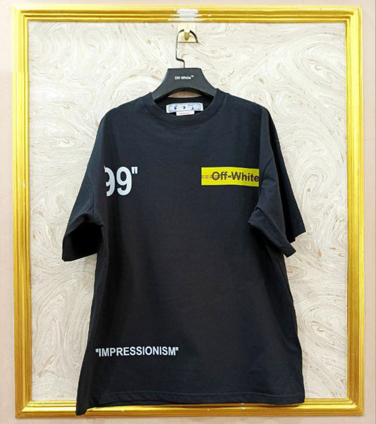 Black t-shirt with "Off-White™" logo on a hanger against a marble wall.