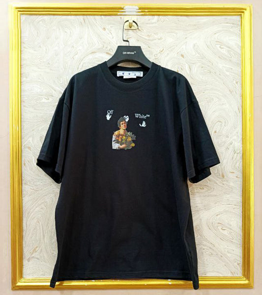 Black t-shirt with "Off-White™" logo on a hanger against a marble wall.