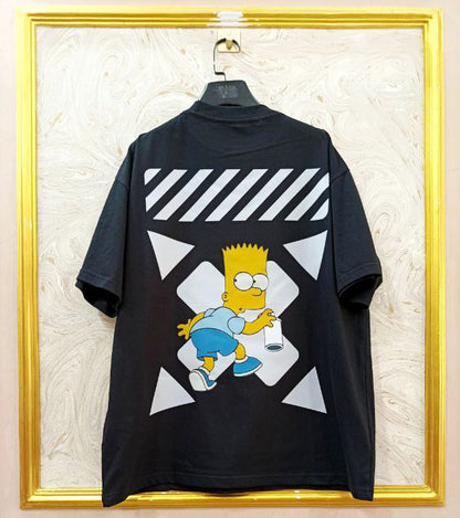 Black t-shirt with "Off-White™" design on a hanger against a decorative wall.