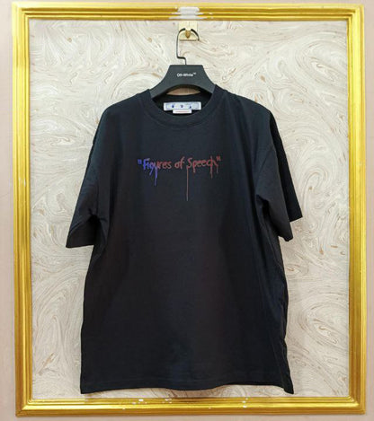 Black t-shirt with "Off-White™" logo on a hanger against a marble wall.