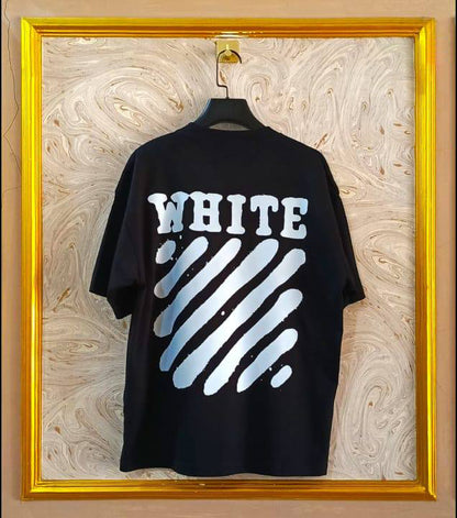 Black Off-White style t-shirt back with “WHITE” print and diagonal lines.