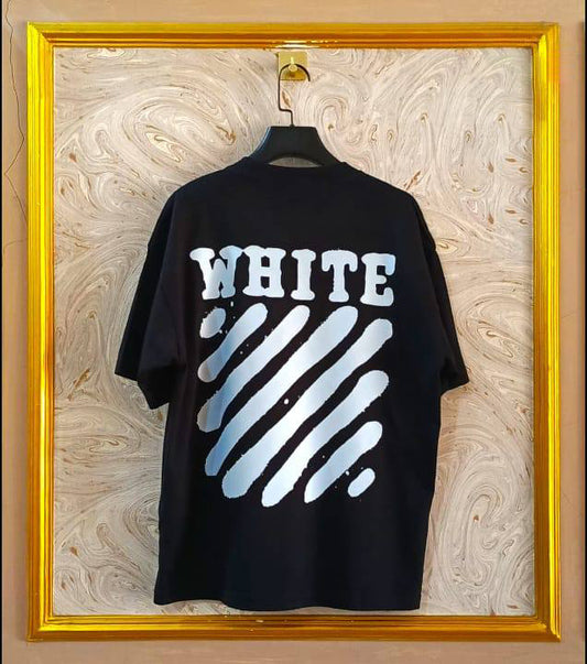 Black Off-White style t-shirt back with “WHITE” print and diagonal lines.