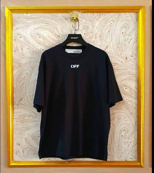 Black oversized t-shirt inspired by Off-White with “OFF” front logo, displayed on hanger in gold frame.
