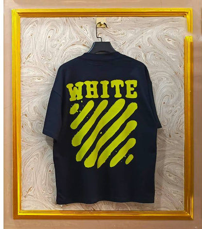 Black Off-White style t-shirt back with “YELLOW” print and diagonal lines.