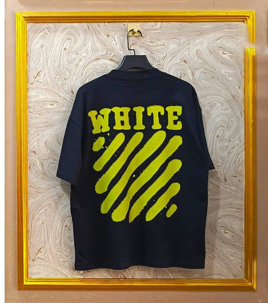 Black Off-White style t-shirt back with “YELLOW” print and diagonal lines.