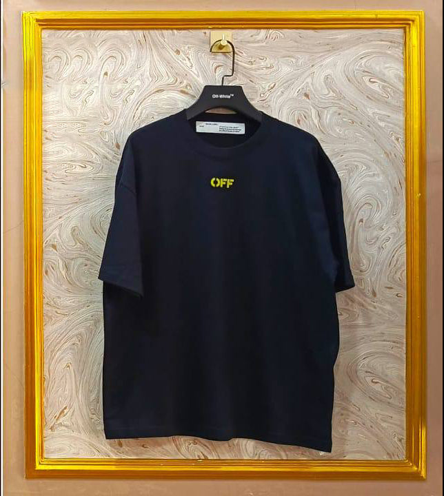 Black oversized t-shirt inspired by Off-White with “OFF” front logo, displayed on hanger in gold frame.