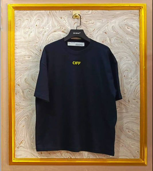 Black oversized t-shirt inspired by Off-White with “OFF” front logo, displayed on hanger in gold frame.