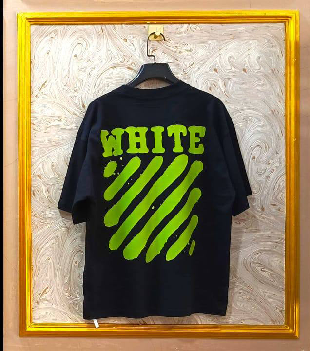 Black Off-White style t-shirt back with “GREEN” print and diagonal lines.