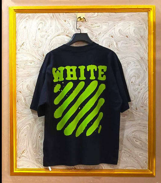 Black Off-White style t-shirt back with “GREEN” print and diagonal lines.