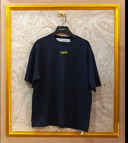 Black oversized t-shirt inspired by Off-White with “OFF” front logo, displayed on hanger in gold frame.