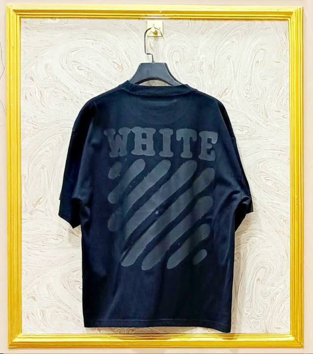 Black Off-White style t-shirt back with “Black on Black” print and diagonal lines.