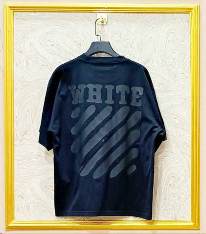 Black Off-White style t-shirt back with “Black on Black” print and diagonal lines.