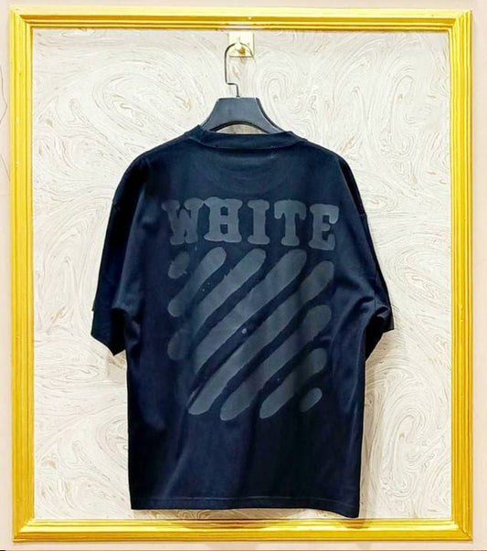 Black Off-White style t-shirt back with “Black on Black” print and diagonal lines.