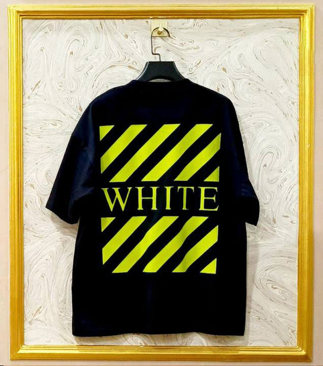 Black Off-White style t-shirt back with “YELLOW” print and diagonal lines.
