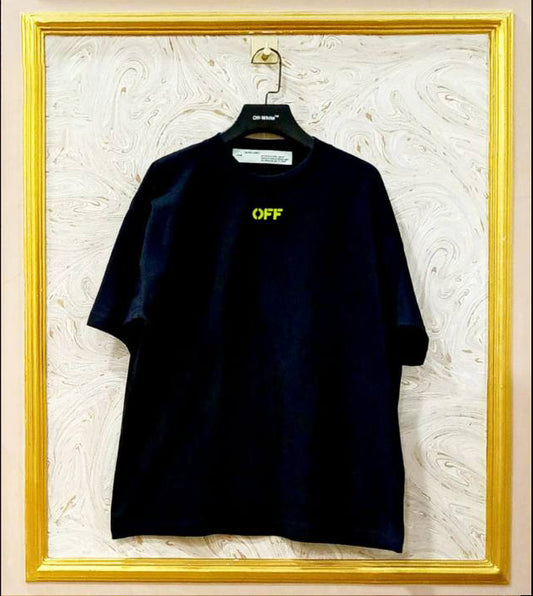 Black oversized t-shirt inspired by Off-White with “OFF” front logo, displayed on hanger in gold frame.