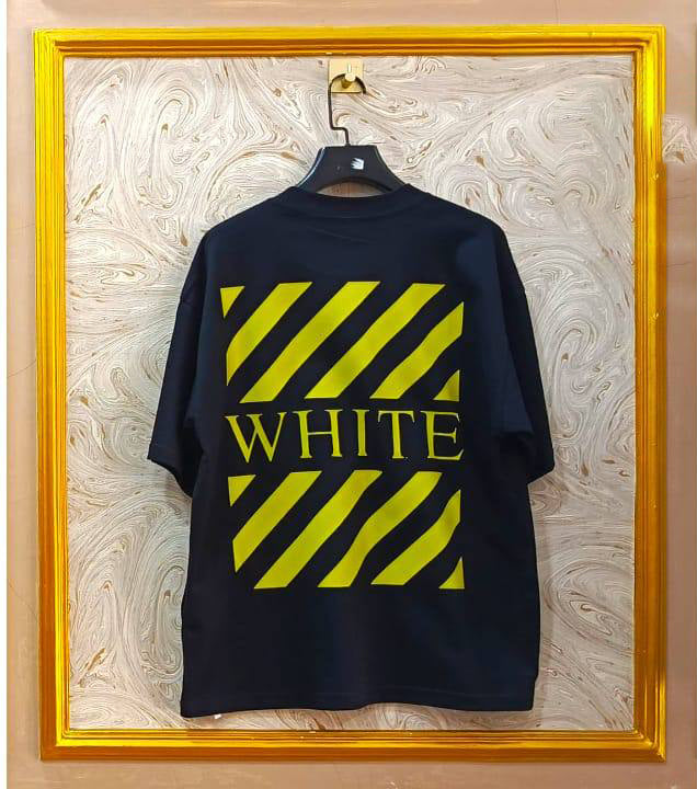 Black Off-White style t-shirt back with “YELLOW” print and diagonal lines.