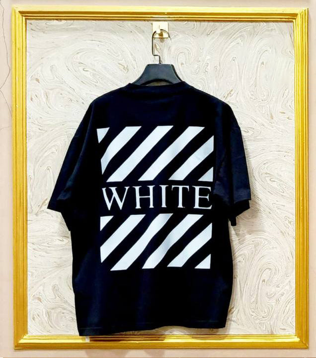 Black Off-White style t-shirt back with “WHITE” print and diagonal lines.