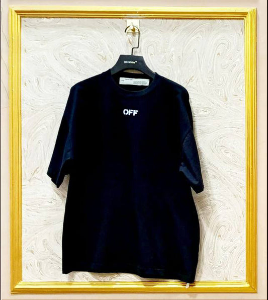 Black oversized t-shirt inspired by Off-White with “OFF” front logo, displayed on hanger in gold frame.