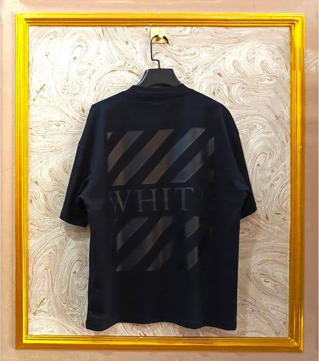 Black Off-White style t-shirt back with “Black on Black” print and diagonal lines.