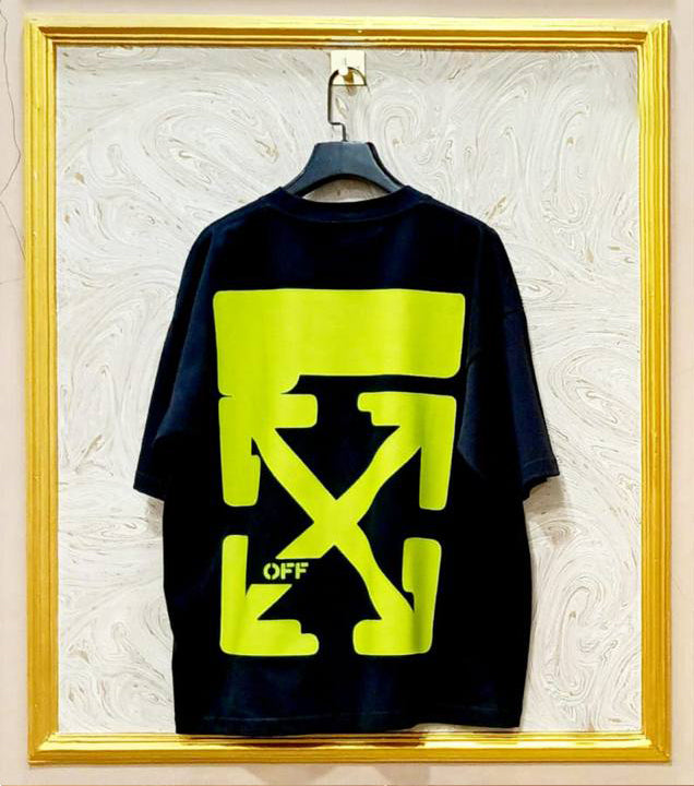 Black Off-White style t-shirt back with “YELLOW” print and diagonal lines.