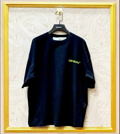 Black oversized t-shirt inspired by Off-White with “OFF” front logo, displayed on hanger in gold frame.