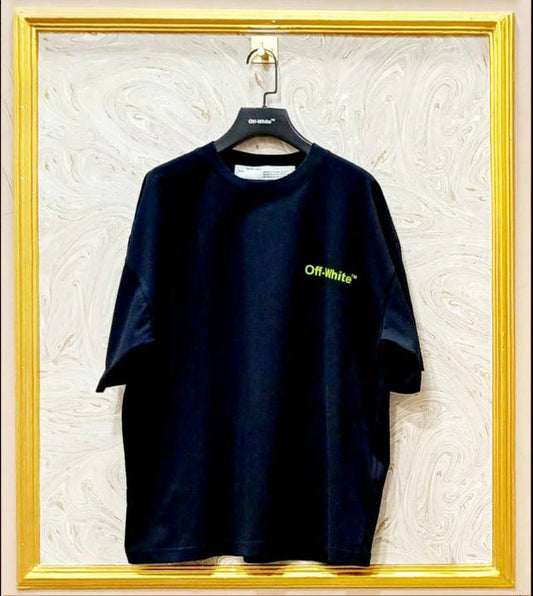 Black oversized t-shirt inspired by Off-White with “OFF” front logo, displayed on hanger in gold frame.