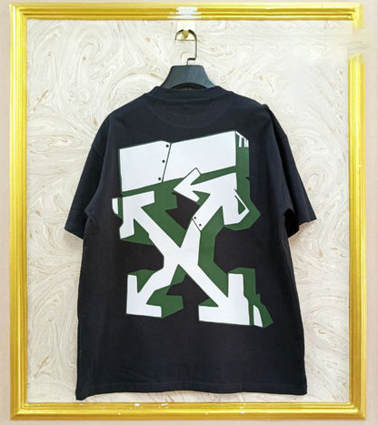 Black t-shirt with "Off-White™" design on a hanger against a decorative wall.