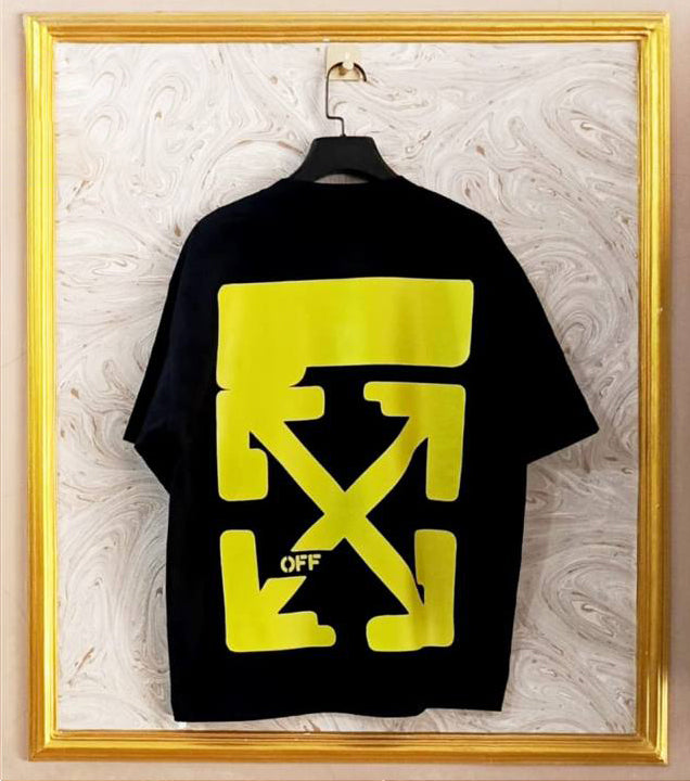 Black Off-White style t-shirt back with “YELLOW” print and diagonal lines.
