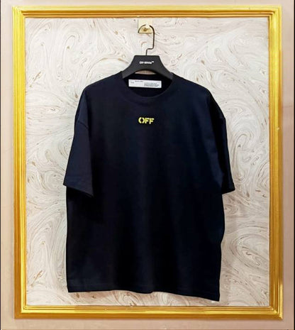 Black oversized t-shirt inspired by Off-White with “OFF” front logo, displayed on hanger in gold frame.