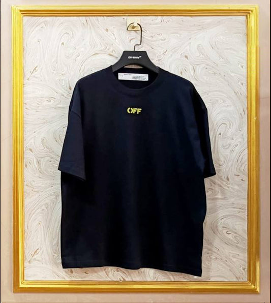 Black oversized t-shirt inspired by Off-White with “OFF” front logo, displayed on hanger in gold frame.