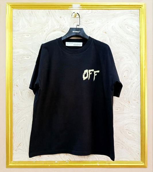 Black t-shirt with "Off-White™" logo on a hanger against a marble wall.