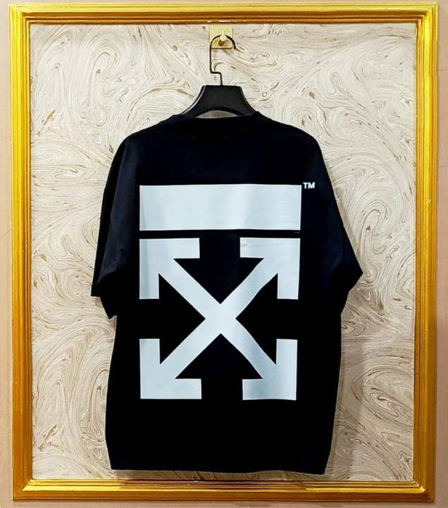 Black Off-White style t-shirt back with “WHITE” print and diagonal lines.