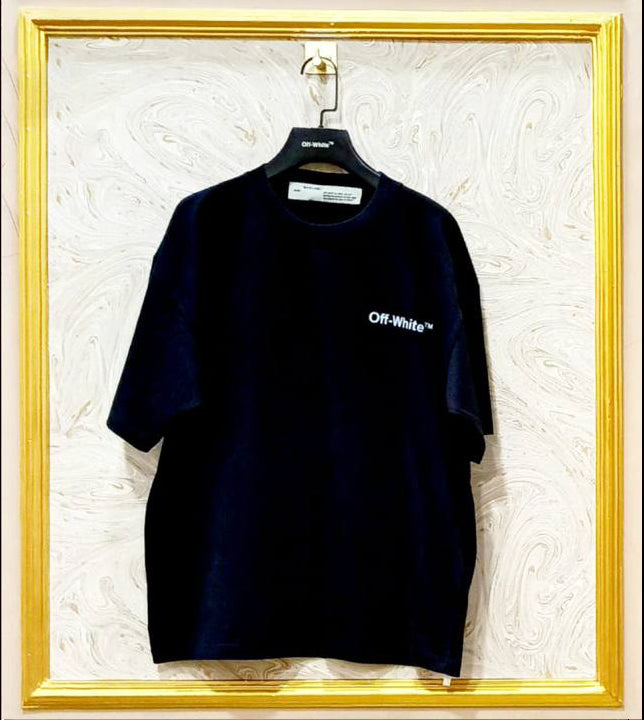 Black oversized t-shirt inspired by Off-White with “OFF” front logo, displayed on hanger in gold frame.