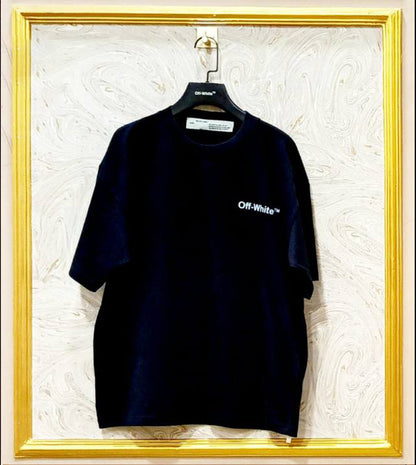 Black oversized t-shirt inspired by Off-White with “OFF” front logo, displayed on hanger in gold frame.