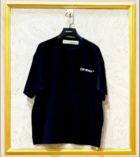 Black oversized t-shirt inspired by Off-White with “OFF” front logo, displayed on hanger in gold frame.