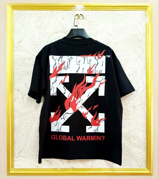 Black t-shirt with "Off-White™" design on a hanger against a decorative wall.