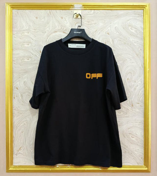 Black t-shirt with "Off-White™" logo on a hanger against a marble wall.