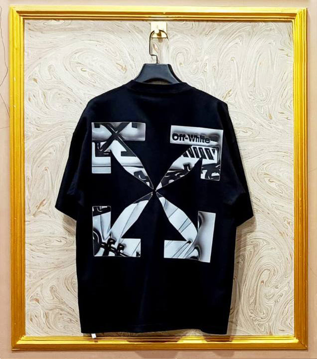 Black Off-White style t-shirt back with “WHITE” print and diagonal lines.