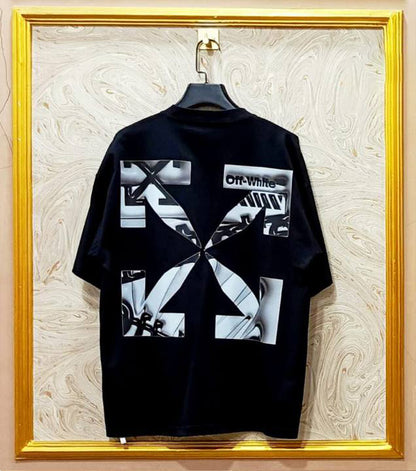 Black Off-White style t-shirt back with “WHITE” print and diagonal lines.