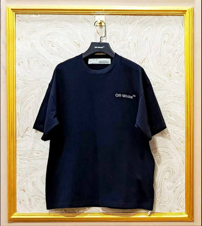 Black oversized t-shirt inspired by Off-White with “Off-White™” front logo, displayed on hanger in gold frame.